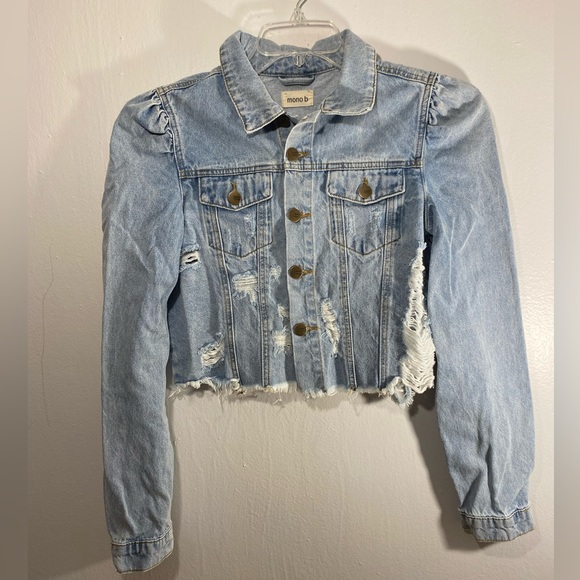 Mono B woman cropped Distressed Puffed Long sleeve Denim Jacket size Small - Picture 2 of 16